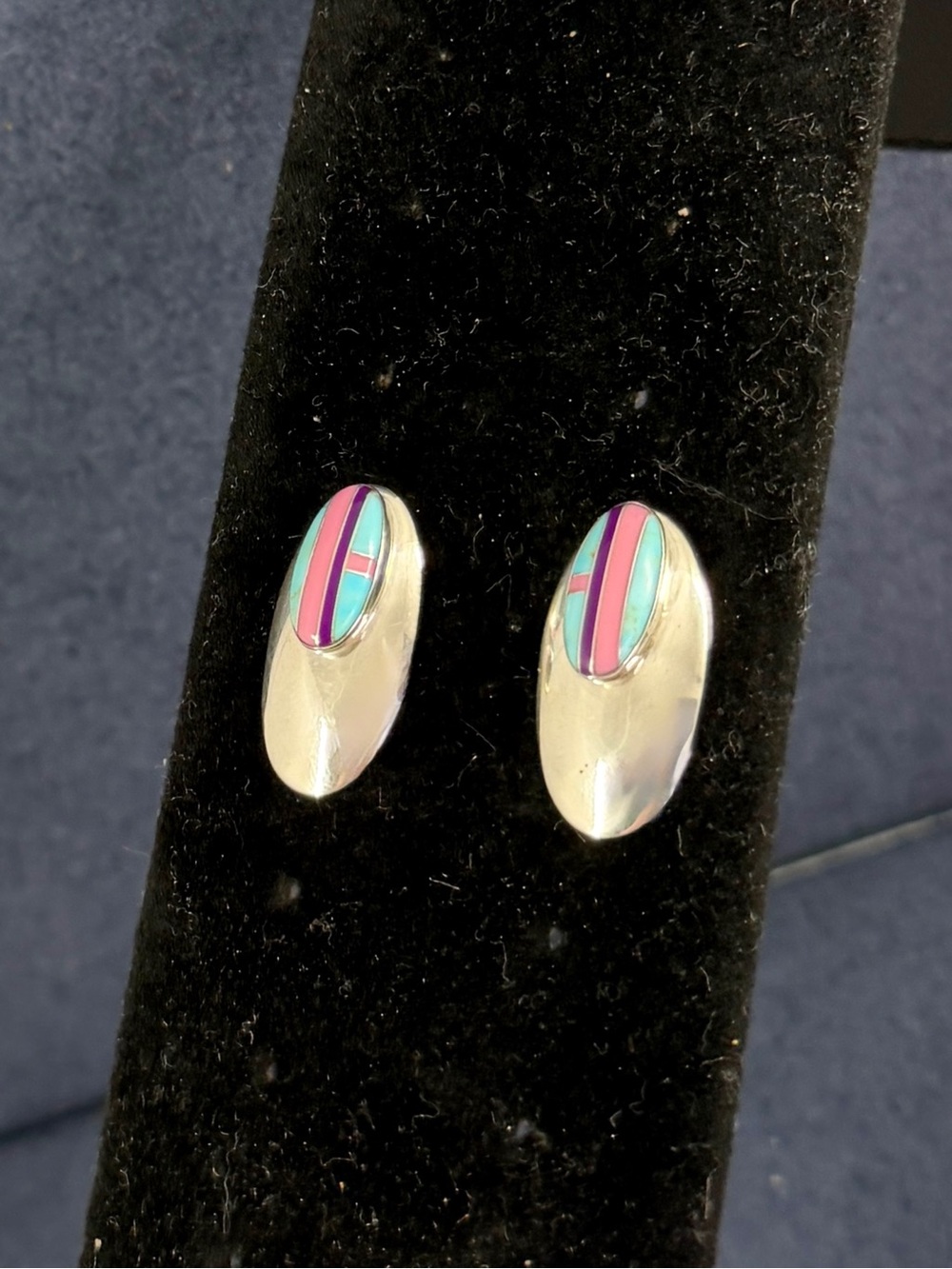ELLA PETER Navajo Sterling Silver Turquoise Purple Spiny Oyster Post Earrings - Picture 2 of 11